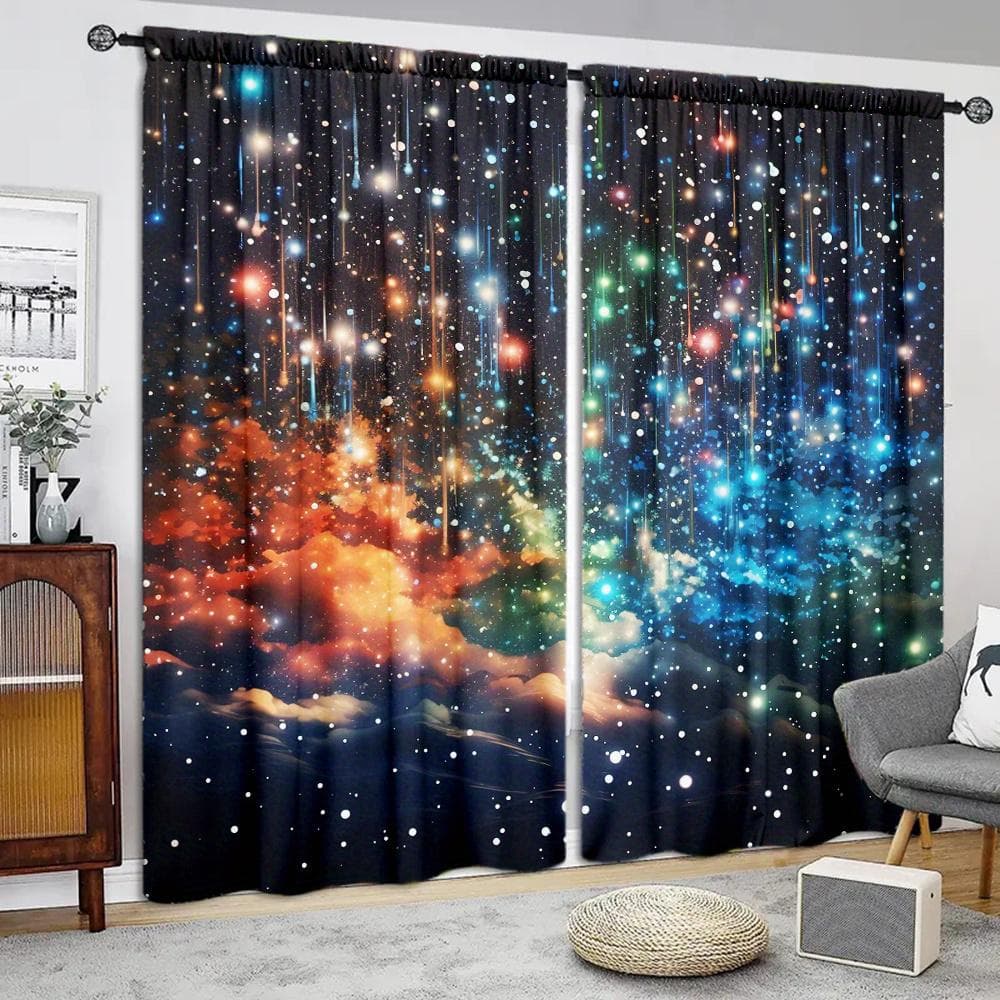 2pcs Galaxy Shining Stars Curtains,Rod Pocket Outer Space Starry Sky Star Printed Curtains,Window Drapes For Living Room Kitchen W110X214H(cm)x2Pcs&Hook