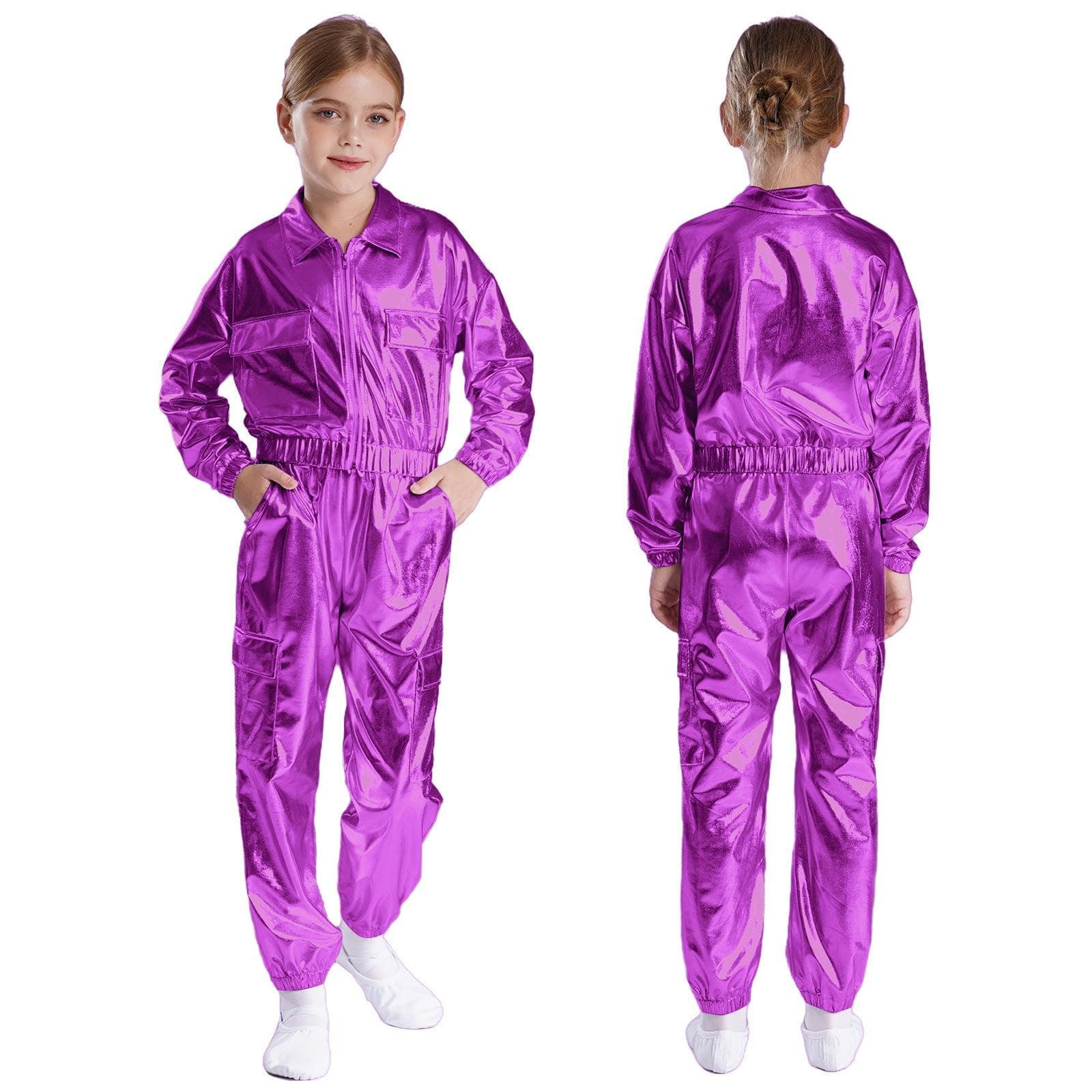 Kids Boys Girls Jazz Hip-Hop Street Dance Performance Costume Metallic Shiny Long Sleeve Athletic Jacket Coat with Pants Outfits 13-14 Years purple