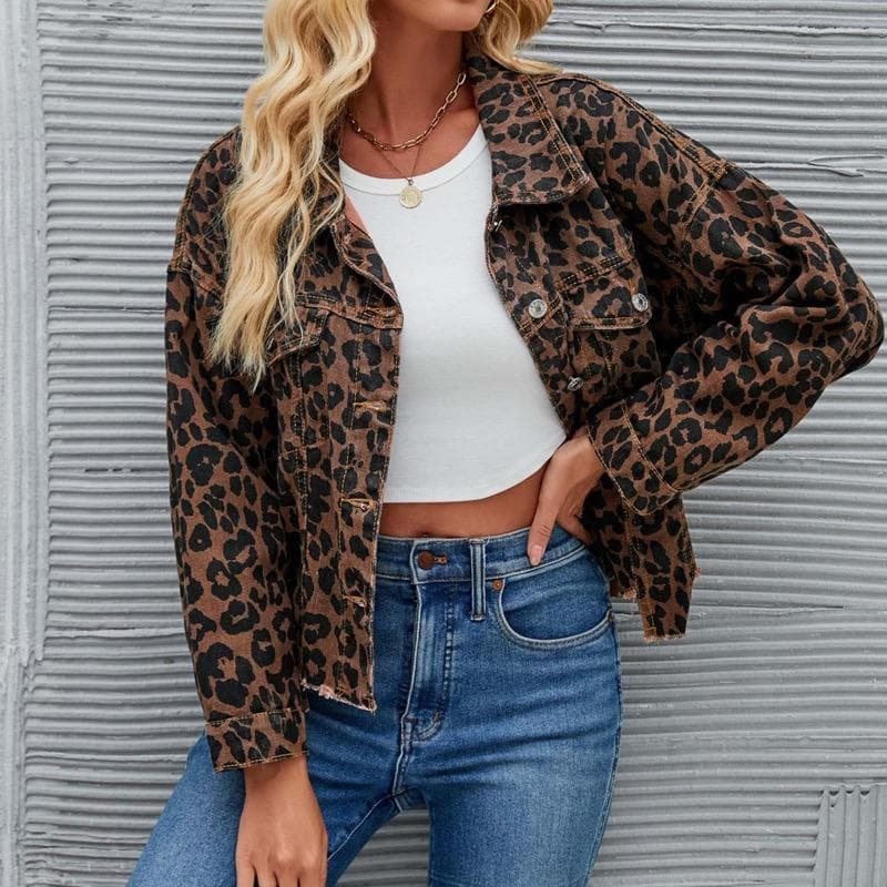 Justalwart Denim Jacket for Women Leopard Print Retro Shape Button-up Front Bomber Jacket L leopard print