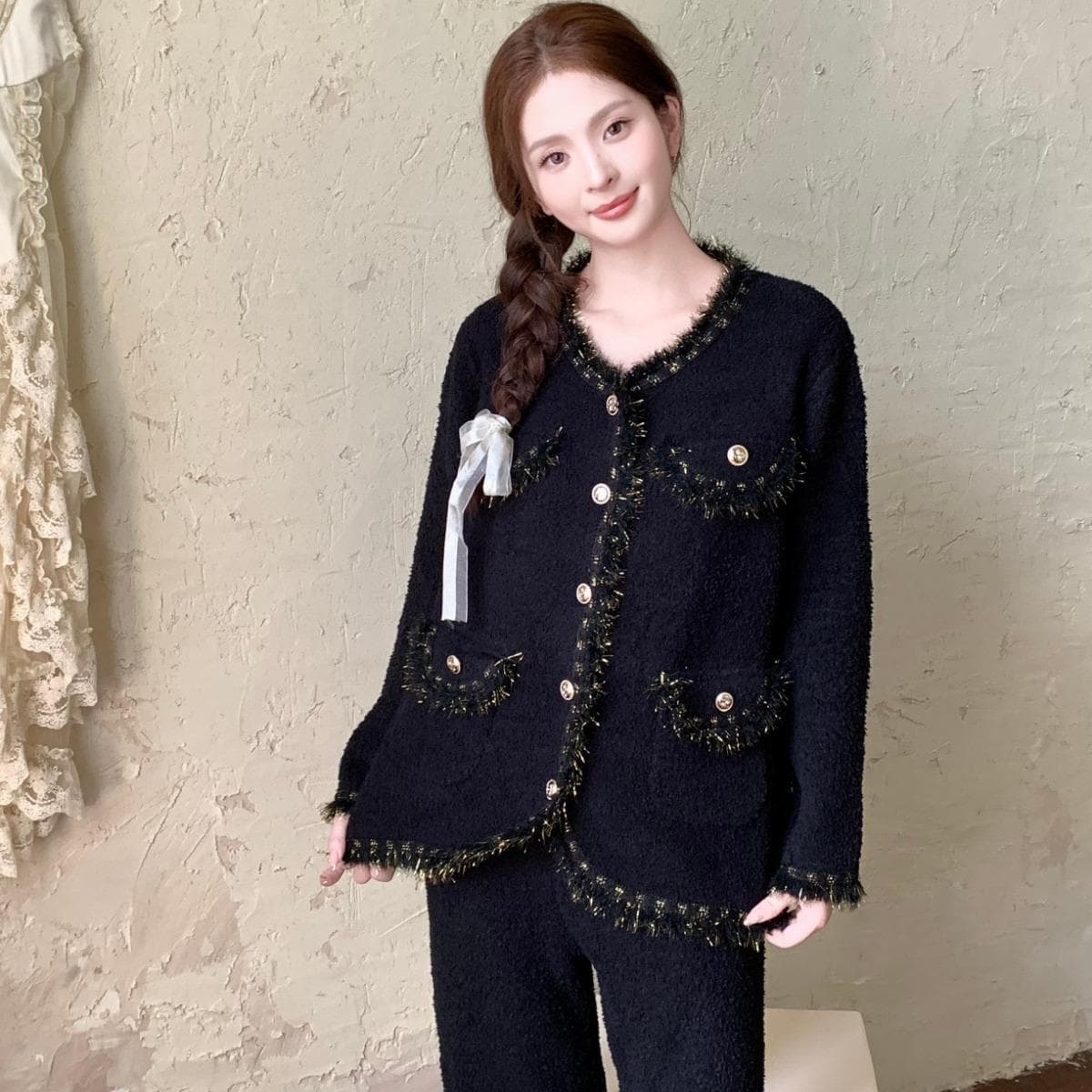 New Style Soft Half-side Velvet Pajamas Women's Winter Thickened Light Advanced Sense Warm Light Home Clothes XXL black