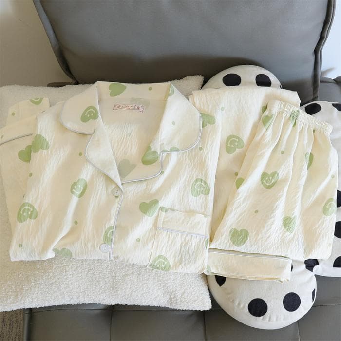 Sweet and Cute Kawaii Bear Print Two-piece Pajamas Set Autumn Casual Versatile Home Wear Pajamas Women's Soft Women's Pajamas M