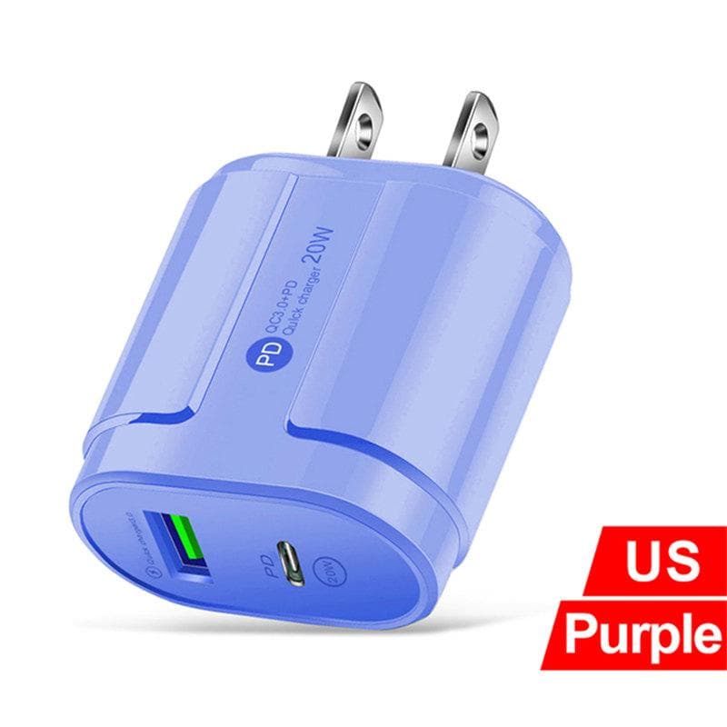 20W PD USB 5V 2A C Charger Dual Ports Wall Fast Charging Type-C Phone Adapter For iPhone 14 13 11 Pro iPad Huawei Xiaomi Samsung US Plug purple