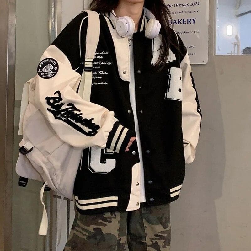 Vintage Bomber Jacket Women Harajuku Fashion College Uniform Varsity Baseball Jackets Female Oversized Streetwear Y2k XL black