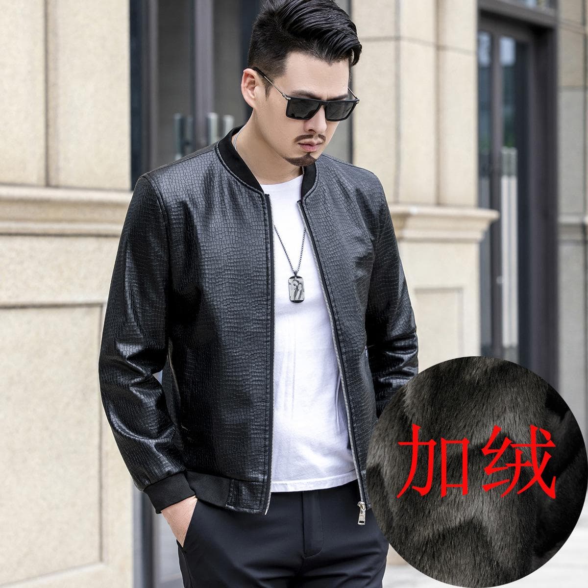 New Alligator Print Autumn Winter Men's Leather Coat Slim Fit Casual Baseball Collar Ice Crack Youth Leather Jacket Men 4XL