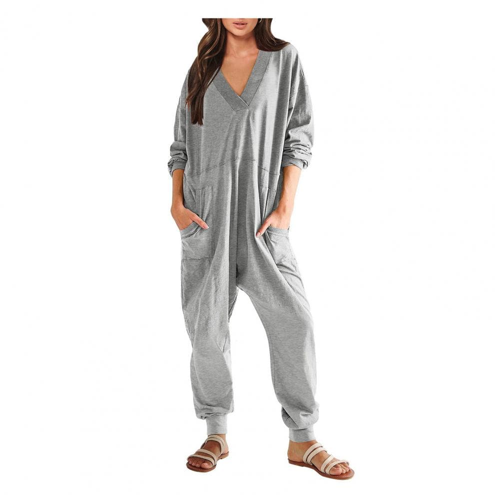 Women Fall Winter Jumpsuit V Neck Long Sleeve Loose Oversized Solid Color Pockets Deep Crotch Baggy Ankle-banded Soft Lady Pajam M grey