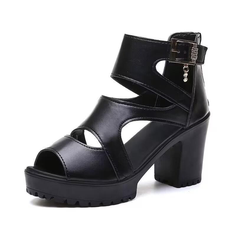 Women Thick Sole Boots Fish Mouth Women's High Heel Hollow Roman Sandals 38 black