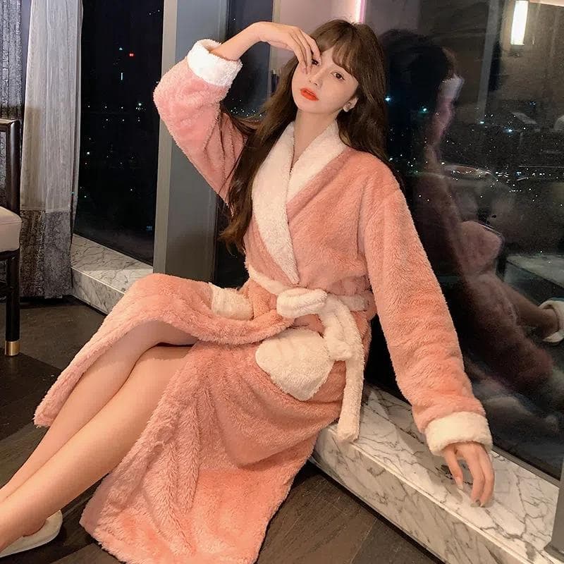 Coral Fleece Warm Robe Female Autumn and Winter Plus Velvet Nightgown Thickened Facecloth Bathrobe Winter Long Pajamas M