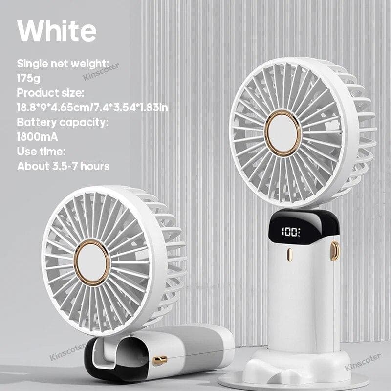 USB Handheld Mini Fan Foldable Portable Neck Hanging Fans 5 Speed USB Rechargeable Fan with Phone Stand and Display Screen 1800M white