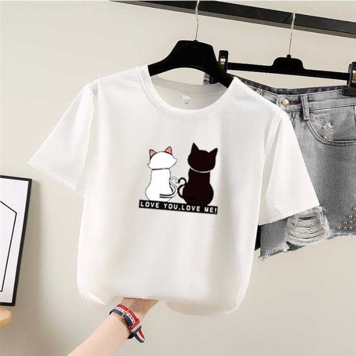 QICED Cartoon Short Sleeve T-shirt Female Summer Student Crew Neck Printed Top Fashion Plus Size Women's Wear XXXL white