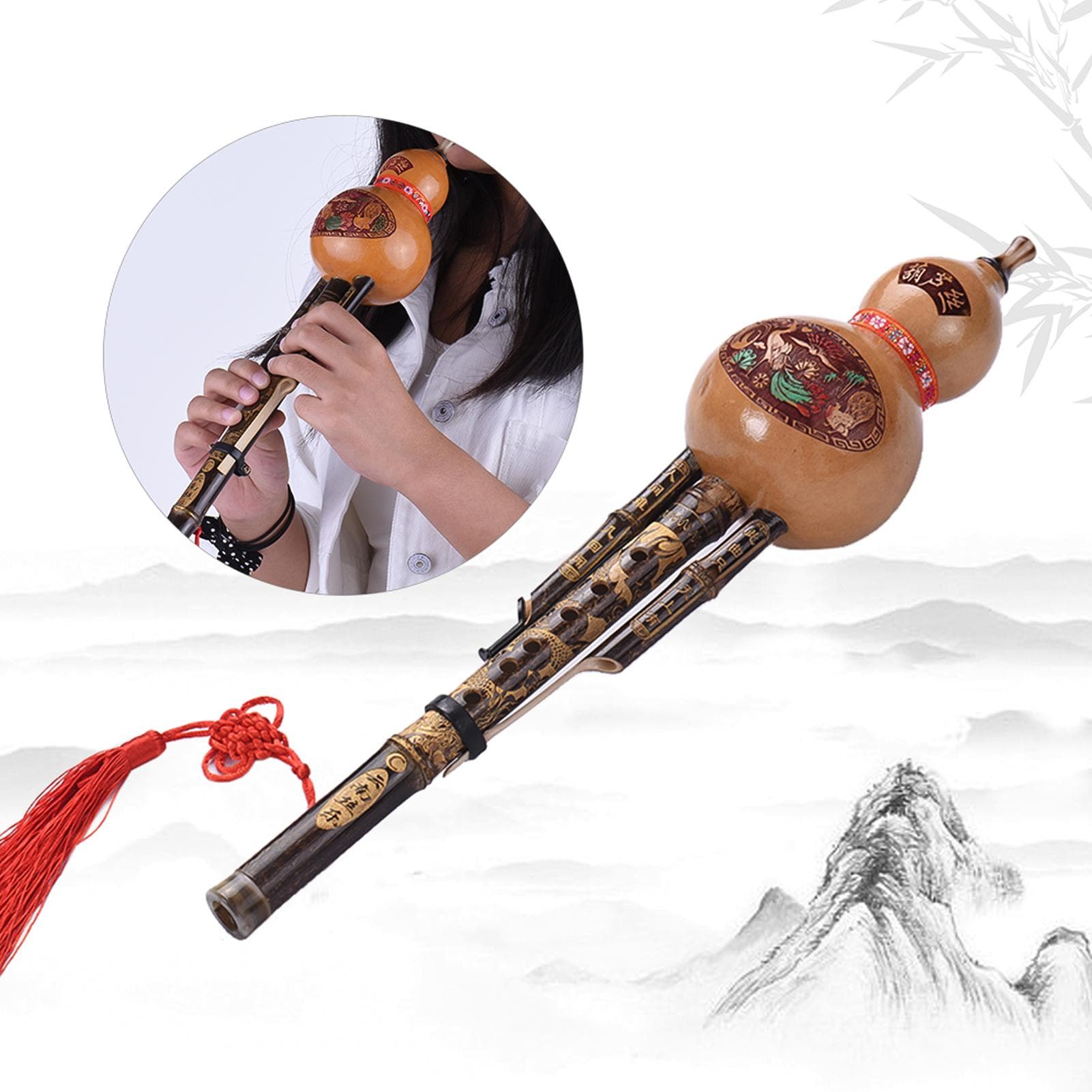 Chinese Handmade Black Bamboo Hulusi Gourd Cucurbit Flute Ethnic Musical Instrument Key of C with