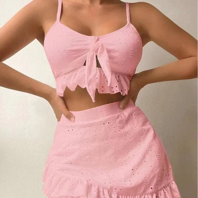 Solid Bikini Set High Waist Mesh Beach Style Swimwear Women Three-piece Flounce Summer Swimsuit Biquini Bathing Suit L pink