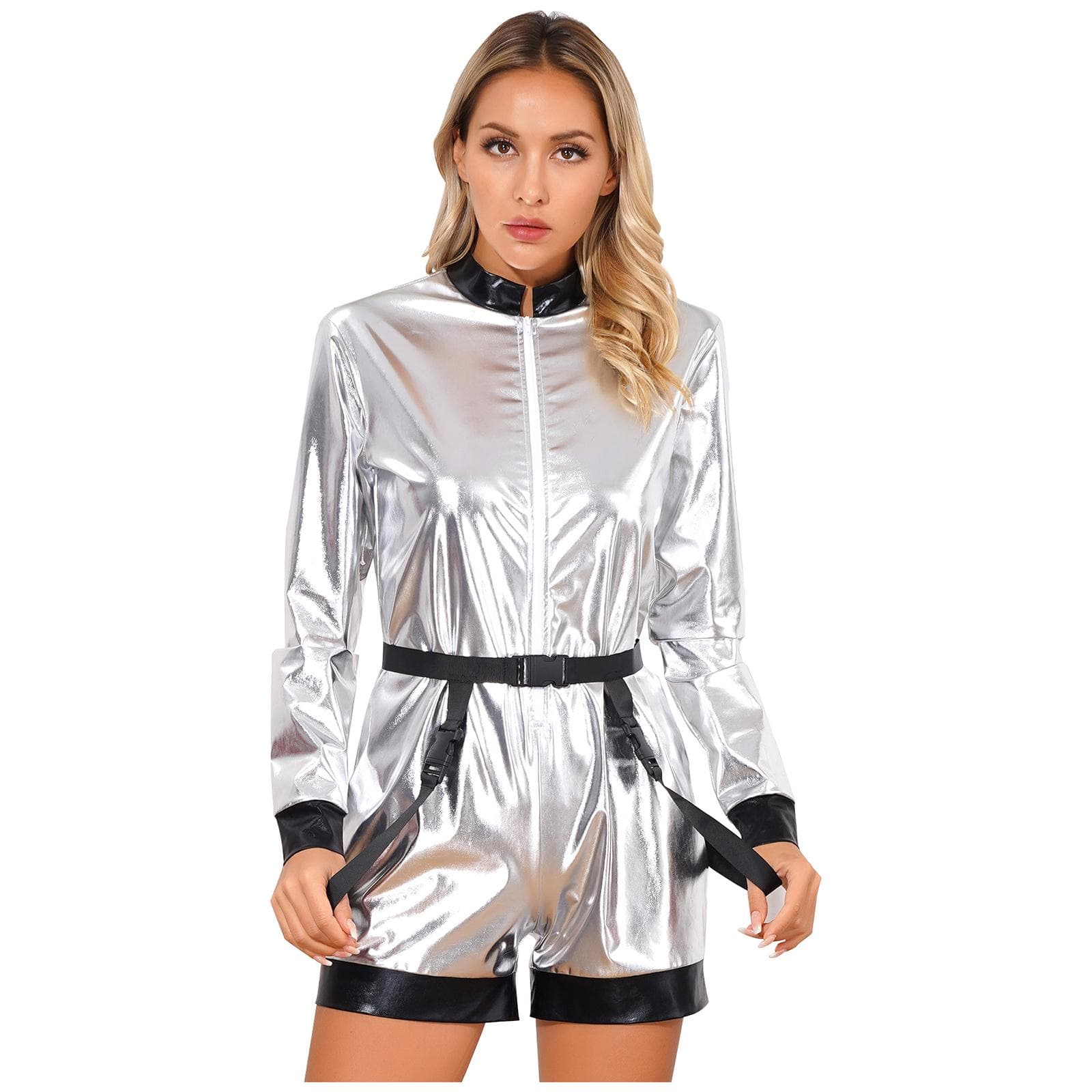 Womens Shiny Astronaut Costume Metallic Jumpsuit Front Zipper Waist Belt Boyshorts Style Dress Up Bodysuit L silver