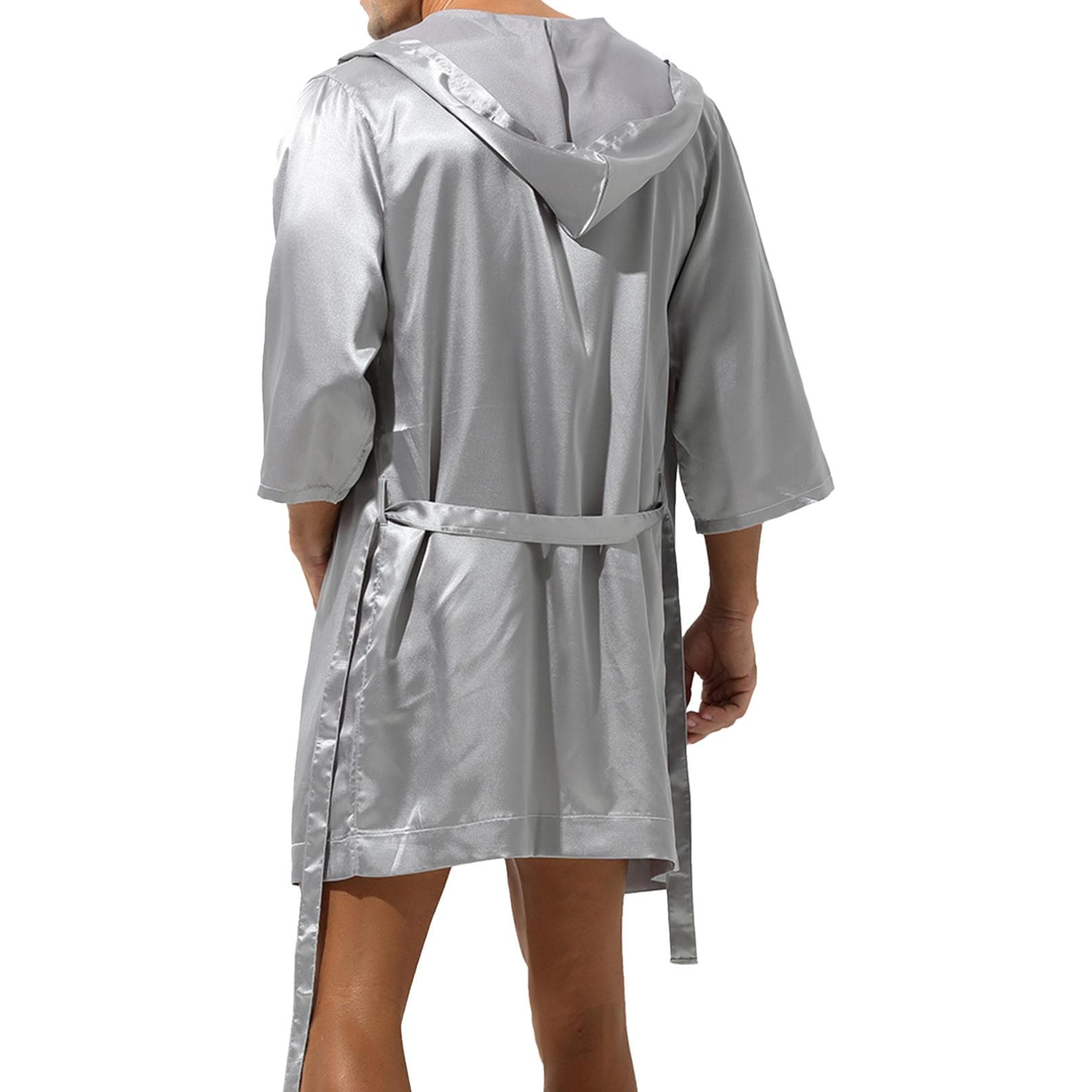 Men's Satin Open Front Robes Lightweight Sleepwear Half Sleeve Kimono Bathrobe M grey