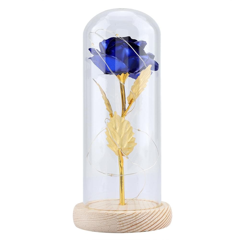 Preserved Rose Flower LED Light with Glass Cover & Wooden Base Valentines Day Wedding Blue Blue