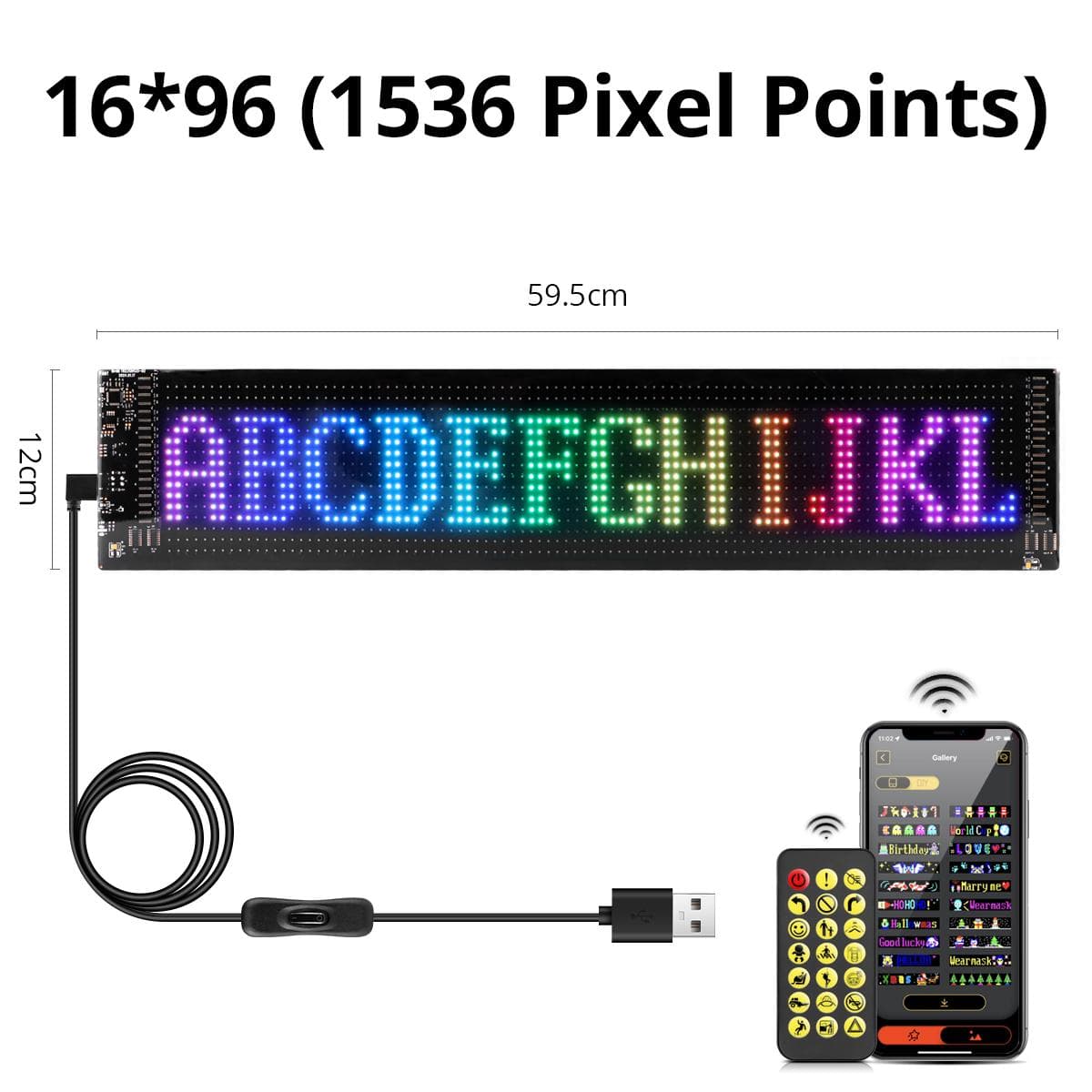 Scrolling Advertising LED Sign USB 5V Bluetooth App Control Logo Light Custom Text Pattern Animation Programmable Display Car 16*96LEDs
