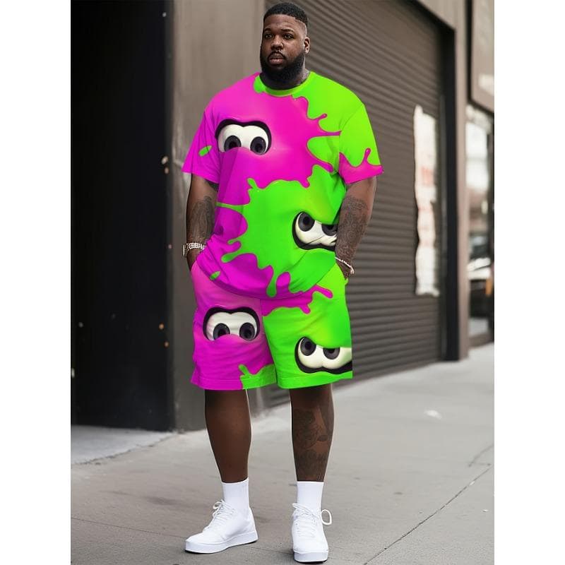 Men'S Plus Size Casual Sports Outfit Vibrant Cartoon Print T-Shirt Shorts Set Short Sleeve Crew Neck Polyester Blend Ideal for Outdoor M