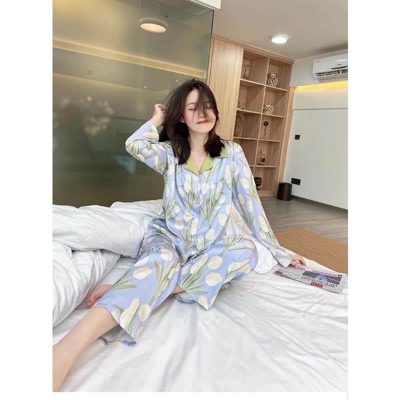 Spring Autumn New 2 Pieces Pajamas for Women Fashion Cardigan Women's Pajamas Sweet Printing Loungewear Women Set L