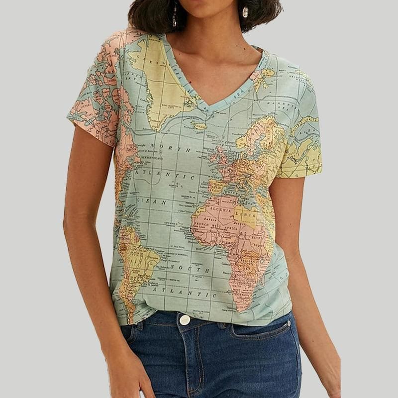 Women's V-neck Short Sleeved World Map Printed Top Loose T-shirt Casual Shirt M green