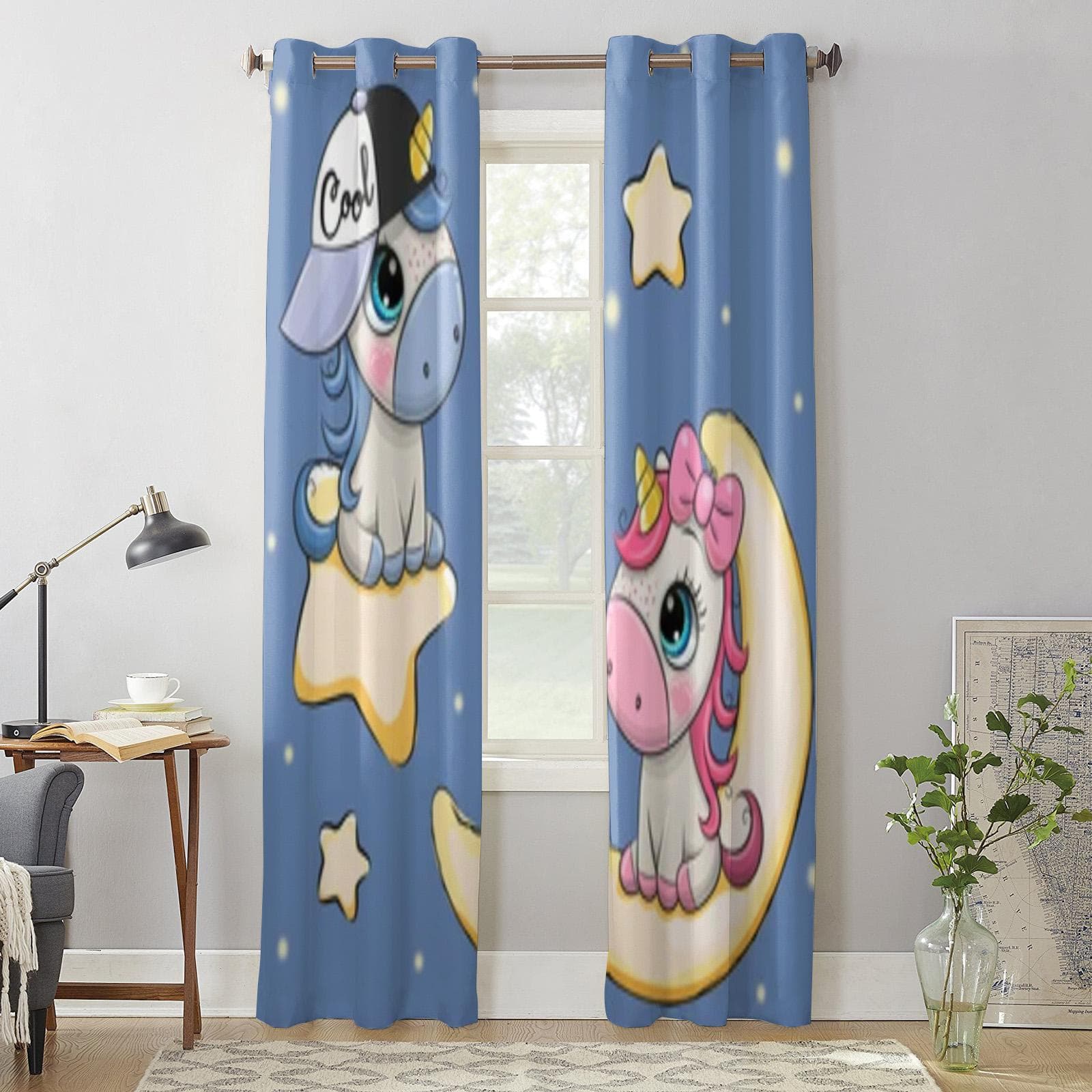 Cute Unicorns On A Moon And Star Window Curtain For Kids Room Home Blinds Curtains For Living Room Bedroom Window Drapes 135W x 60H(cm) x1
