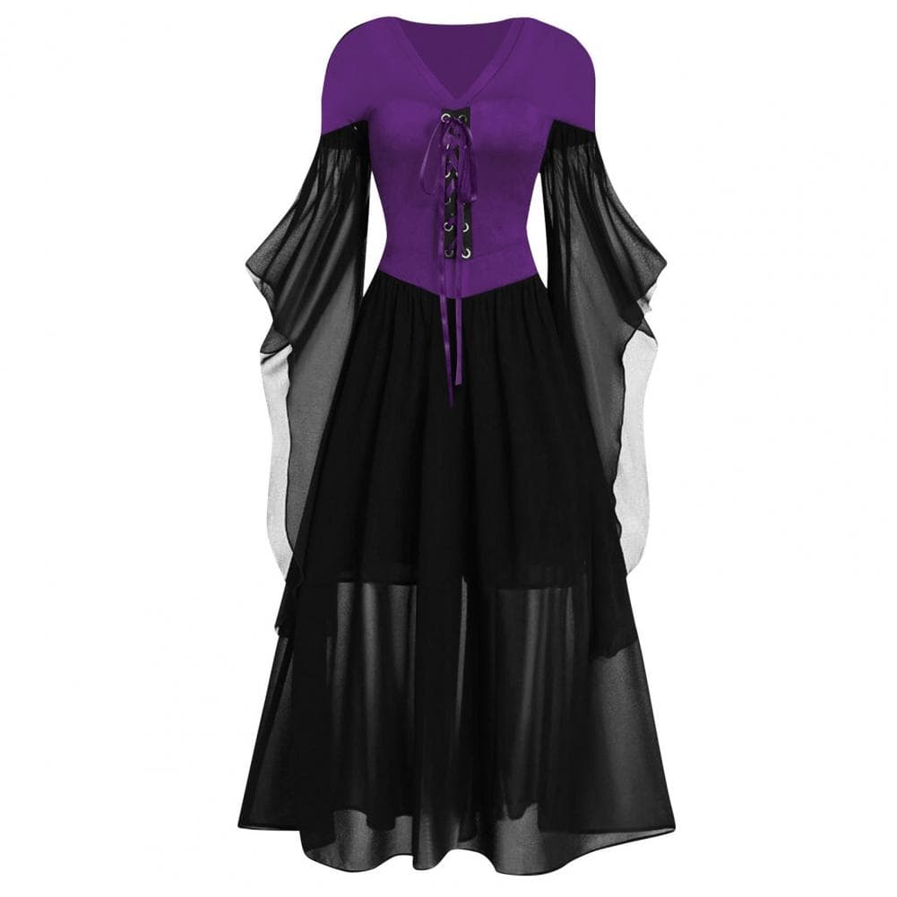 Women Cosplay Dress Gothic Style Witch Halloween Party Costume Lace-up Strap V Neck Color Matching Long Horn Sleeves A-line Perf XXXL