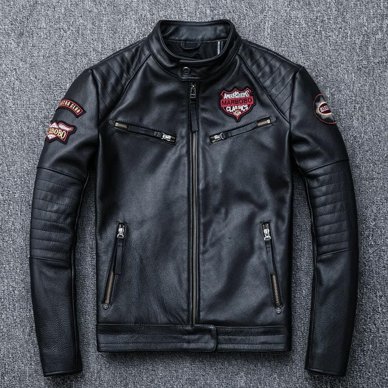 Genuine Leather Cowhide Men's Stand Collar Motorcycle Jacket L black