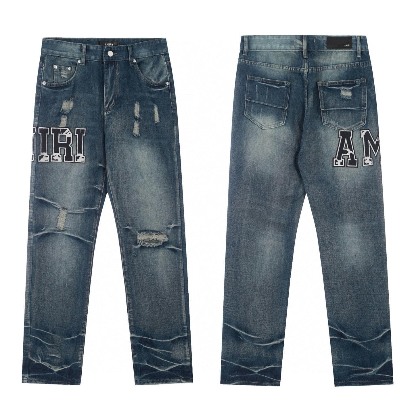 M42 Amiri Men's and Women's American Style Trendy Jeans with Fabric Patches, Holes, Embroidery, Casual and Fashionable High Street Pants 32