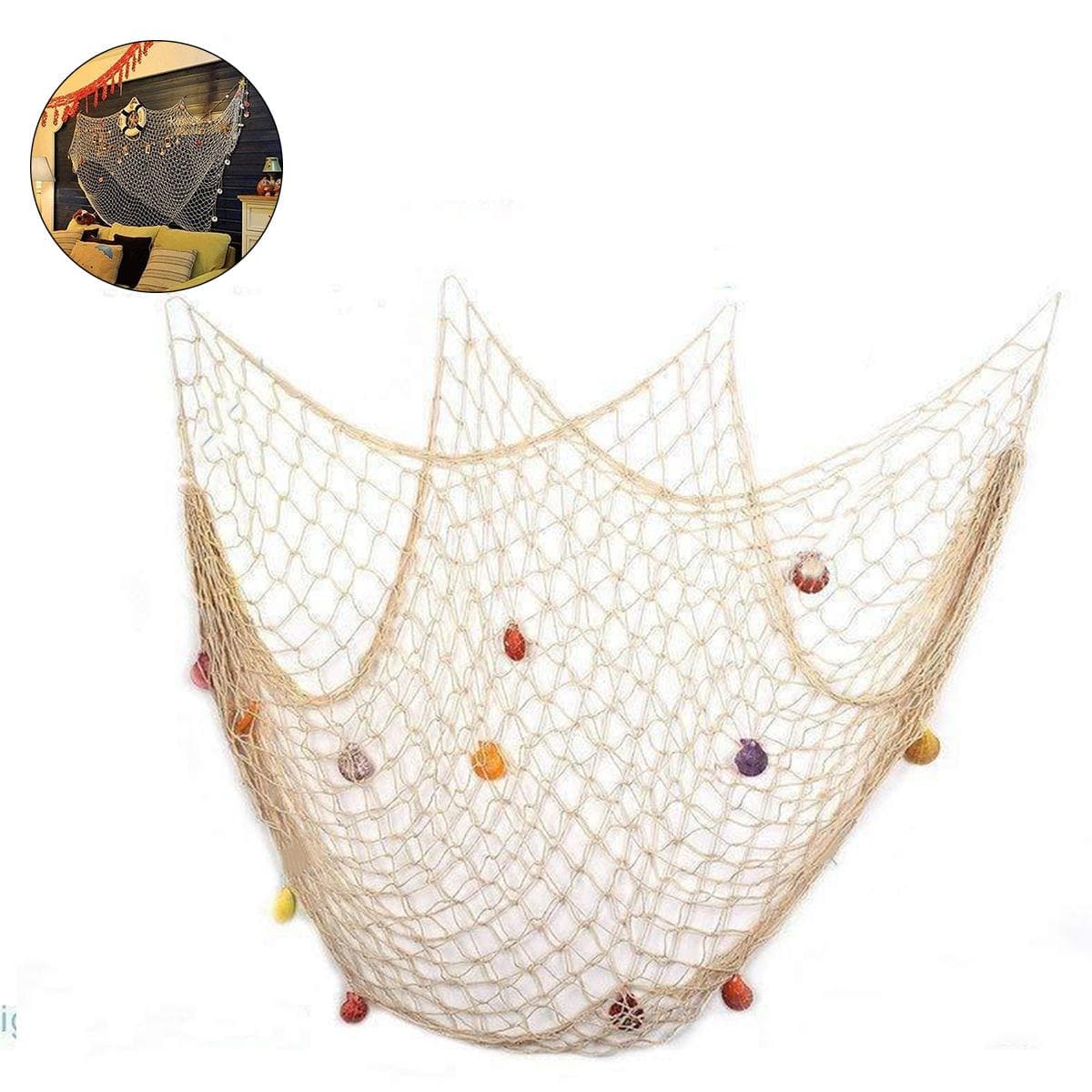 Mediterranean Style Fish Net with Shells Decoration Retro Photography Props Fish Net Wall Decor beige