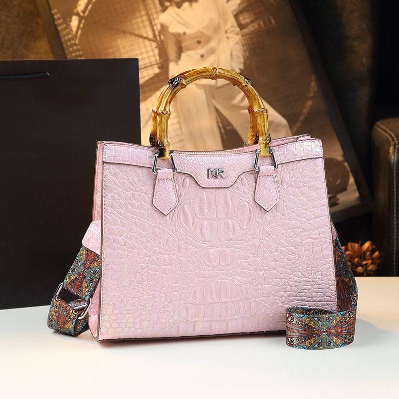 Crocodile Print Bag, High-end Style, Bamboo Joint Hand-held Tote Bag, Versatile Leather Women's Bag pink