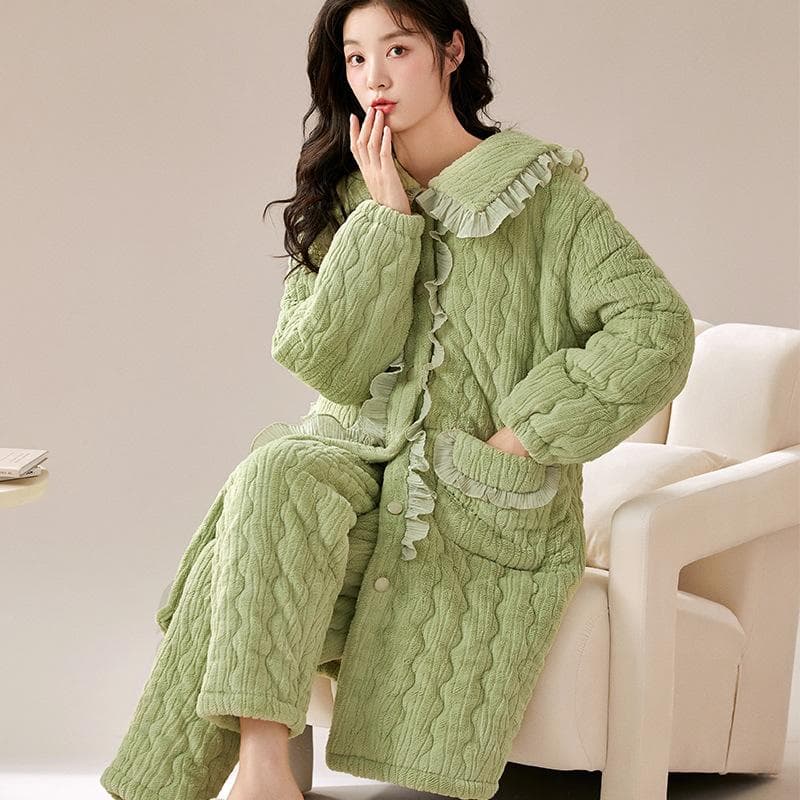 Thickened Sleepwear Winter New Coral Fleece 2PCS Pajamas Set Ruffled Nightgown Trousers Suit Loose Casual Flannel Home Clothes XL green