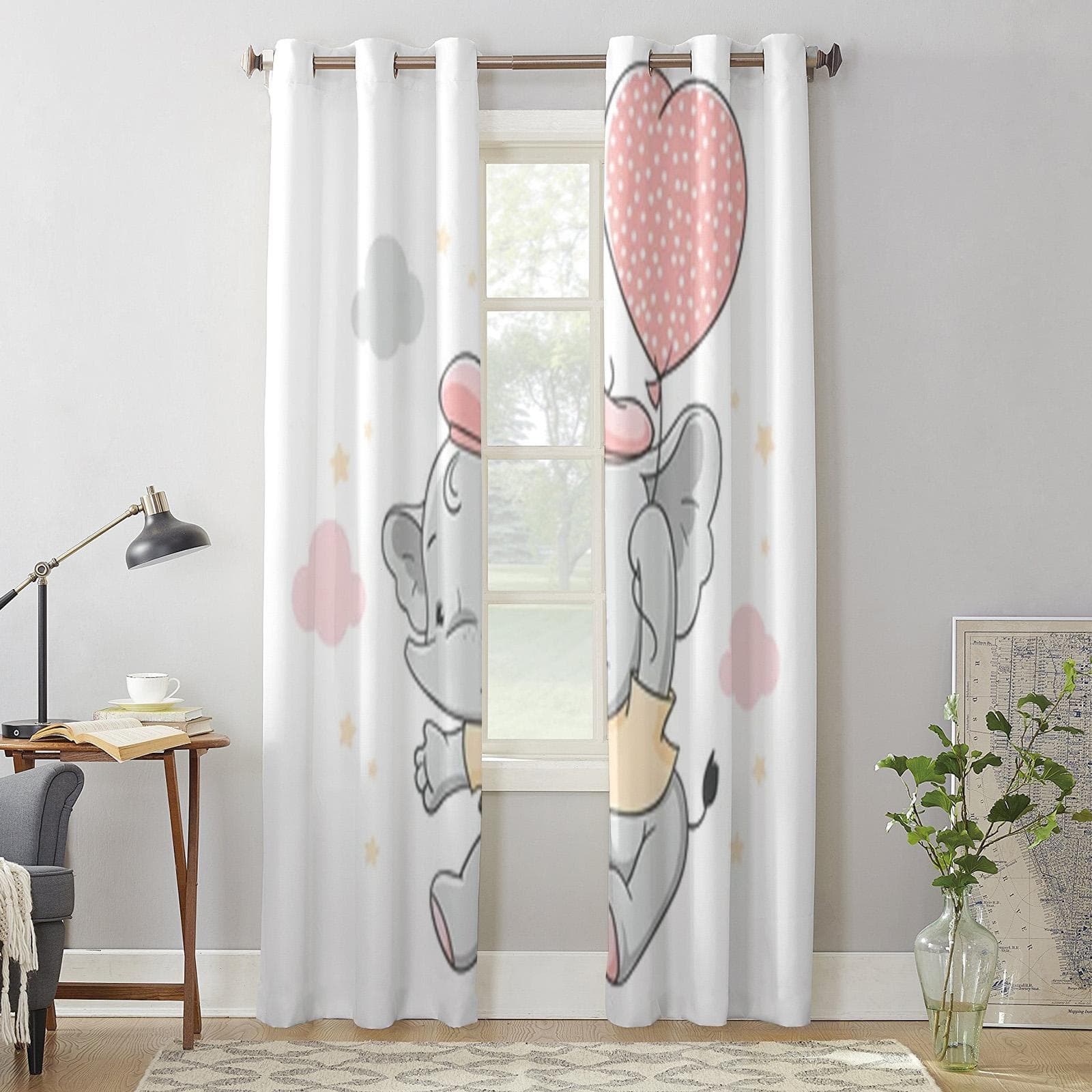 Cute Baby Elephant With A Pink Balloon Window Curtains For Living Room Luxury Bedroom Decor Drapes Kitchen Window Treatments 135W x 60H(cm) x1