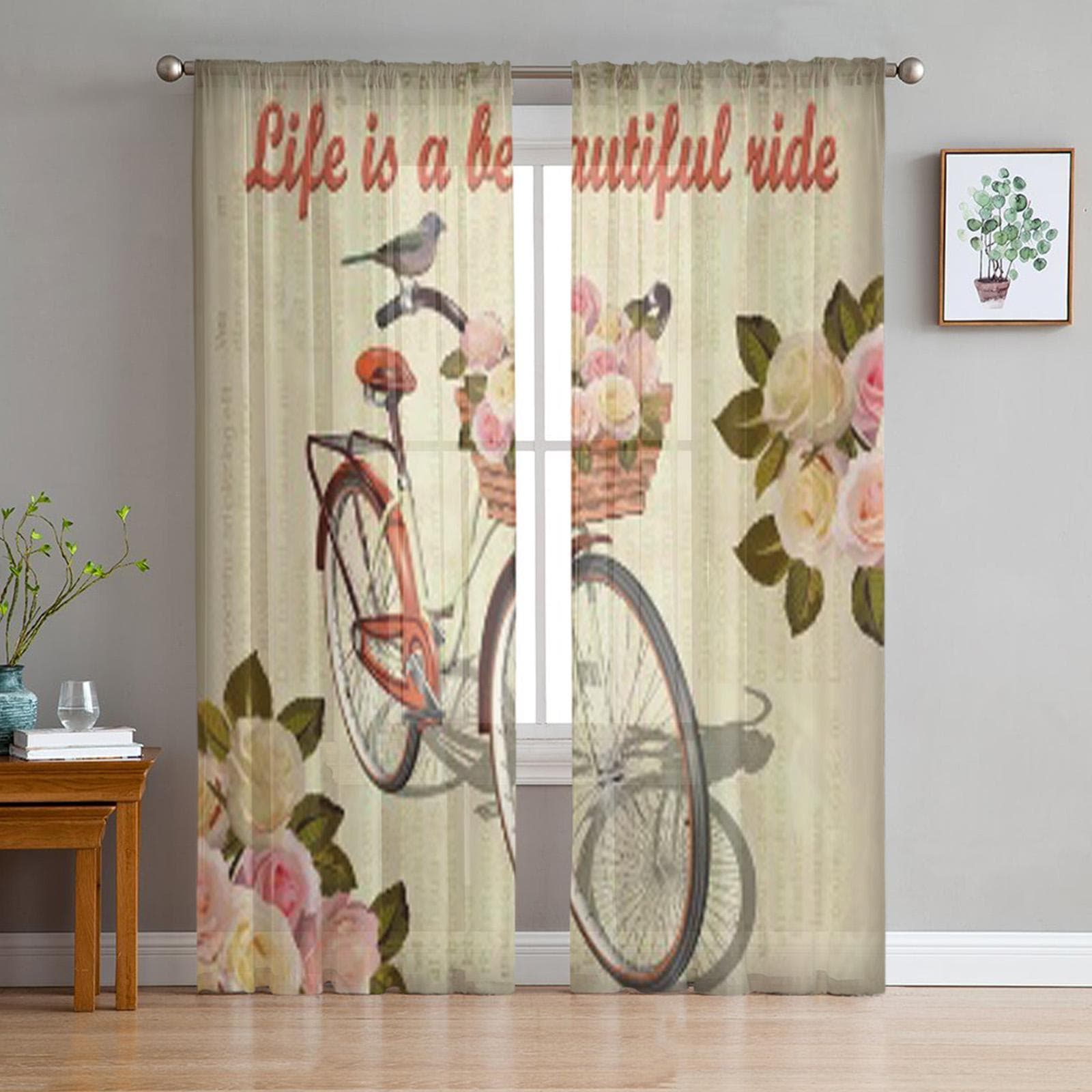 Vintage Bicycle Poster Sheer Curtains for Living Room Transparent Tulle Window Treatments Bedroom Kitchen Home Decor Veil Drapes 135W x 114H(cm)