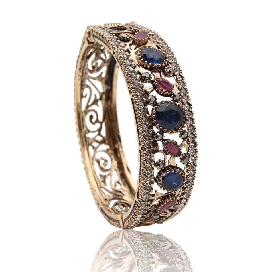 Turkish Bangles Flower Antique Gold Color blue