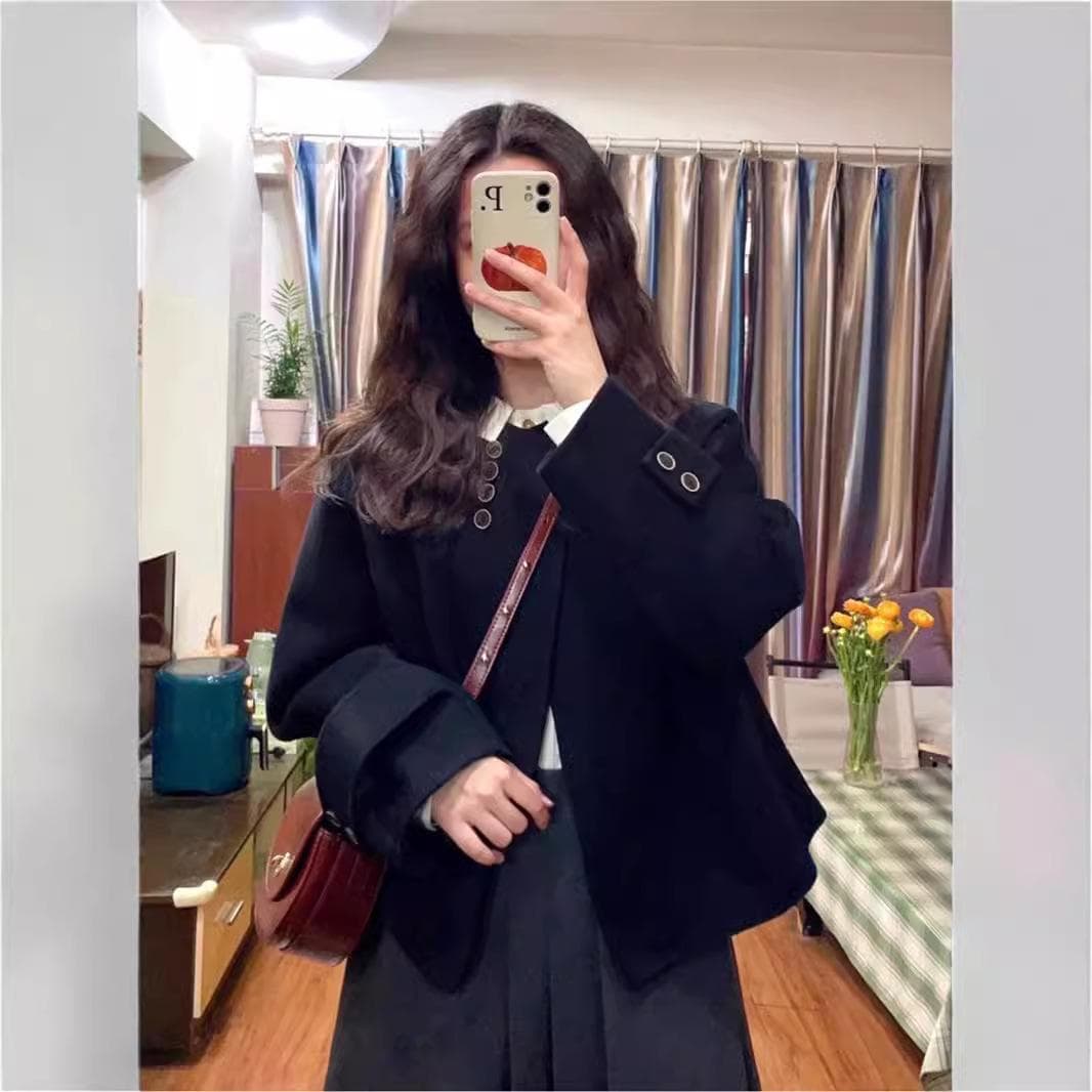 Short Woolen Coat for Women New Autumn and Winter Woolen Coat Round Neck High-end Sense for Small People XL