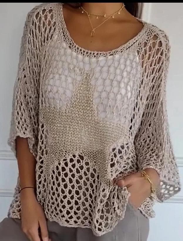 Chic European & American Five-Star Round Neck Sweater - Women's Elegant Three-Quarter Sleeve Top XXXXL khaki