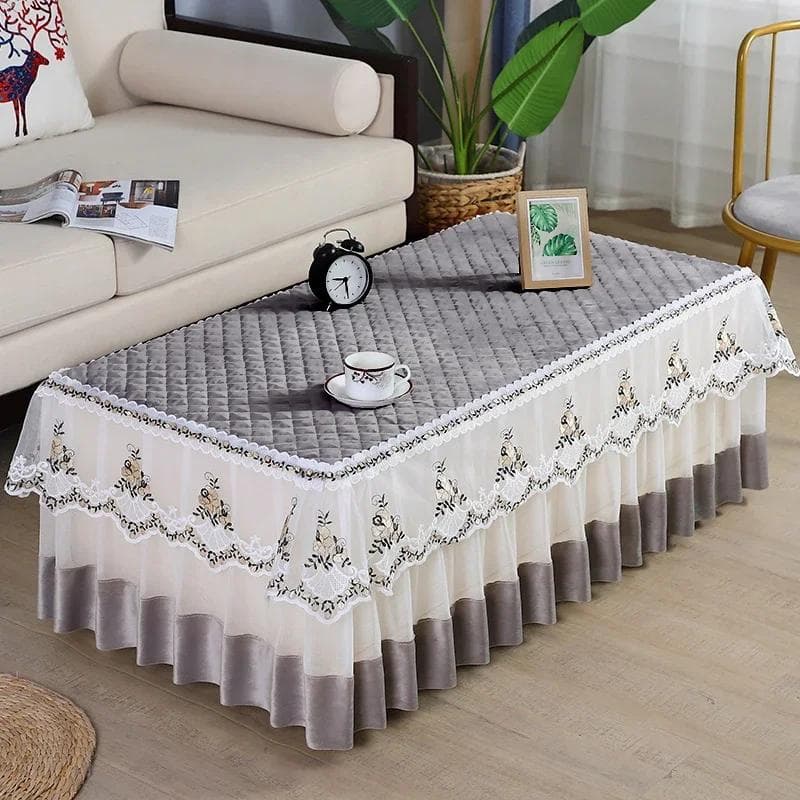 Anti Slip Thick Checkered Tabletop Cover Embroidered Lace Edge Skirt Hem Tablecloth Plush Rectangular Home Tea Table Dust Cover 50x100x40cm 1pcs