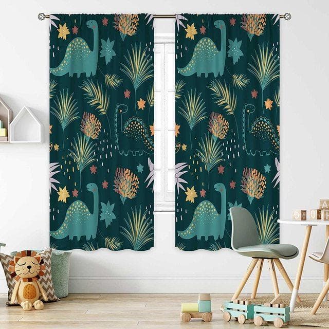 Rainbow Unicorn Curtains Girls Bedroom Decor Boys Dinosaur Curtain Colorful Cartoon Dino For Kids Safari Wildlife Window Drapes W53.5 X H114cm X 2