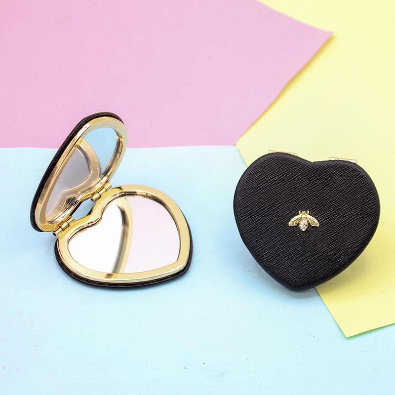 Portable Heart-shaped Makeup Mirror Double Sided Folding Mini Makeup Mirror Cute Bee Pocket Cosmetic Mirror Gift for Women black
