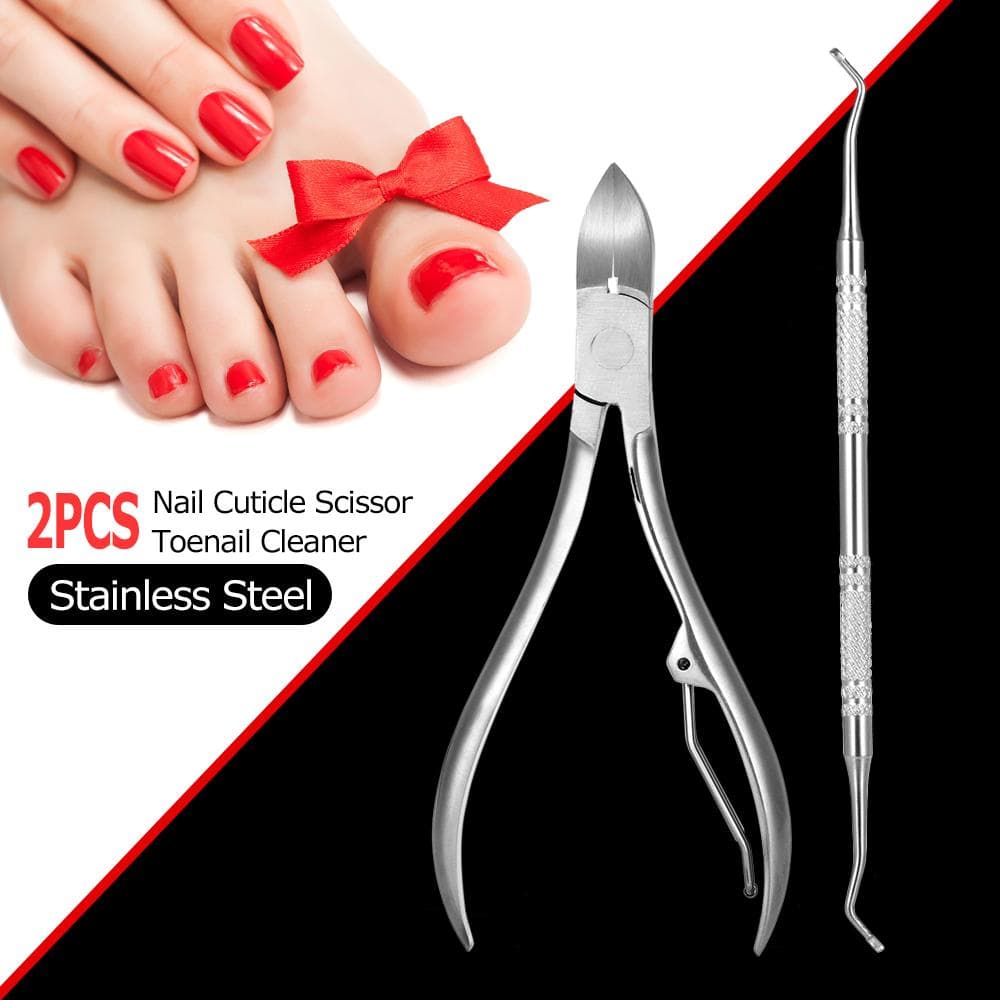 2pcs Stainless Steel Nail Cuticle Scissor + Ingrowing Toenail Cleaner