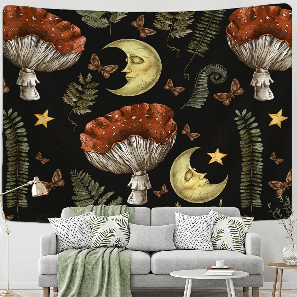 Vintage Psychedelic Mushroom Sun Tapestry Plant Celestial Floral Wall Hanging Hippie Tapiz Dorm Decor 95x70cm