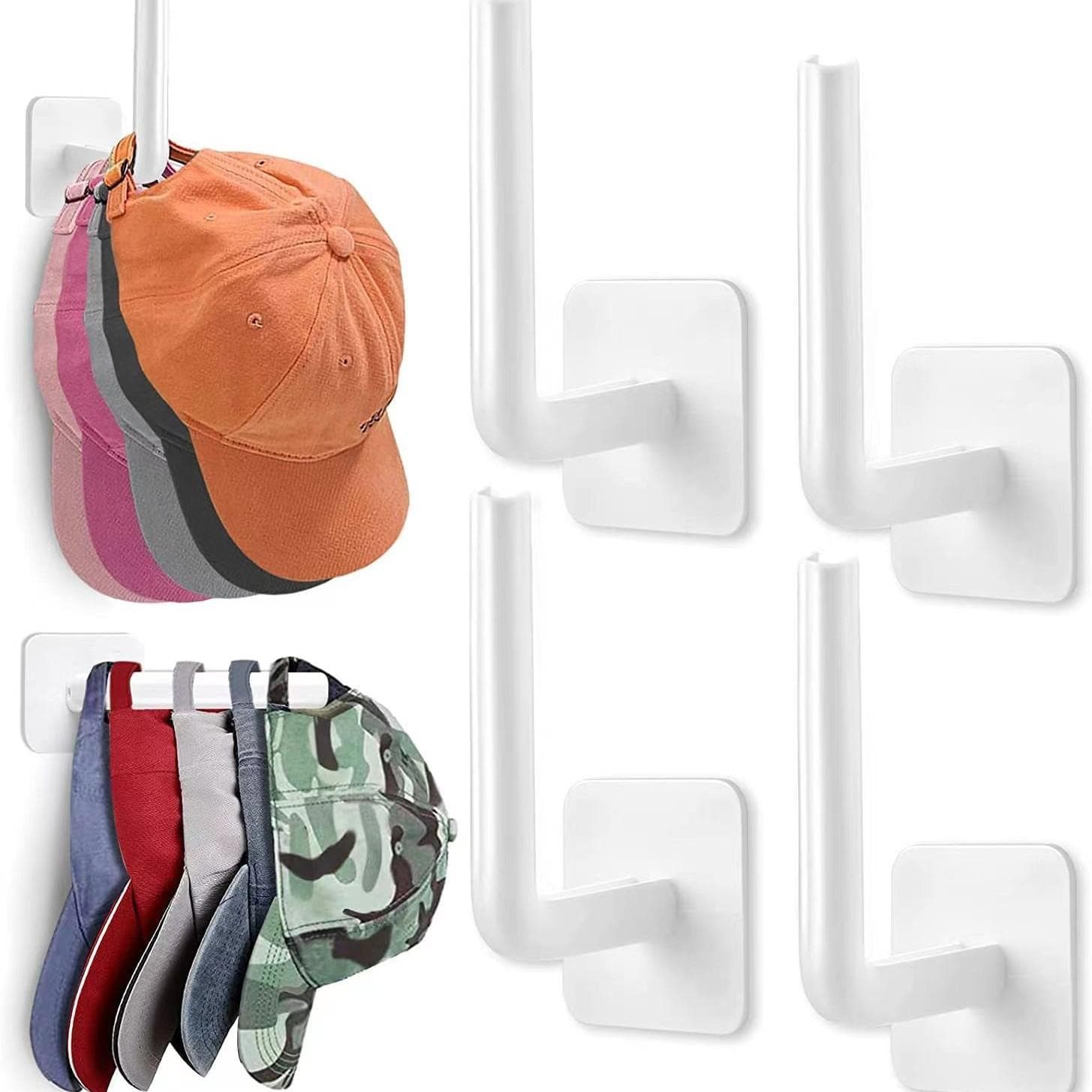 4pcs/set L-Shaped Baseball Cap Hanger Multifunctional Strong Adhesive Hook Wall Mounted Hat Organizer With Punch-Free Design 4pcs/set white