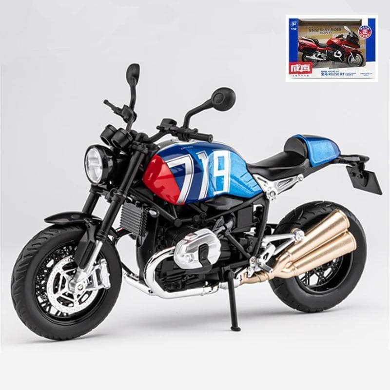 1/12 BMW R NINE T Alloy Retro Sports Motorcycle Model Diecast Metal Street Racing Motorcycle Model Sound and Light Children Toy Gift 1/12-Size:17.5*7*11cm blue