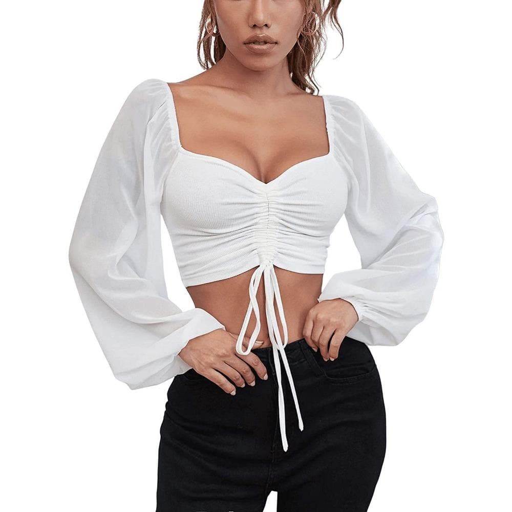 Summer New V-neck Chiffon Drawstring Lantern Sleeve Tight Fashion Sexy Shirt Top S white