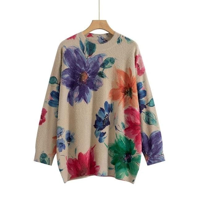 Harajuku Retro Women Fall Winter Fashion Clothes Vintage Floral Print Round Neck Long-sleeve Knit Sweaters Lady Loose Pullovers 3XL