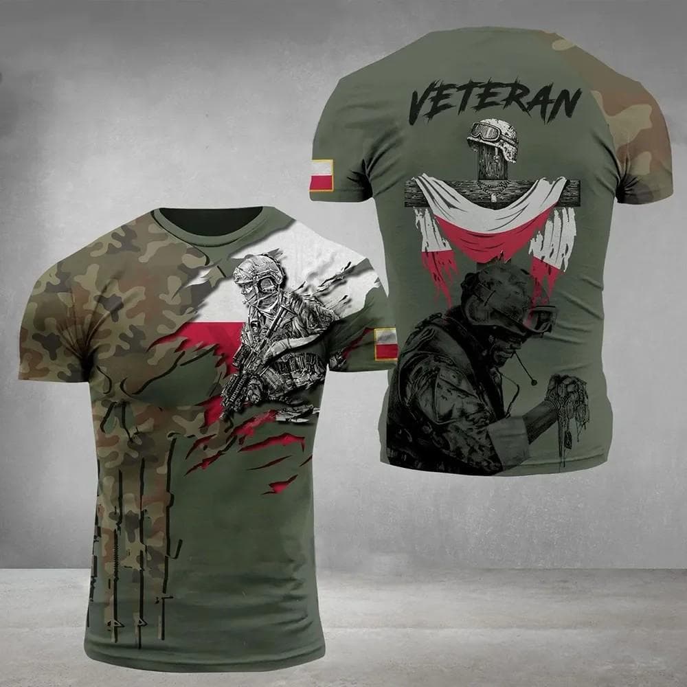 Polish Flag Camouflage Print 3D T-shirt Round Neck Men's Short Sleeve Soldiers Army Quick Dry Loose Comfortable New Sports Top L