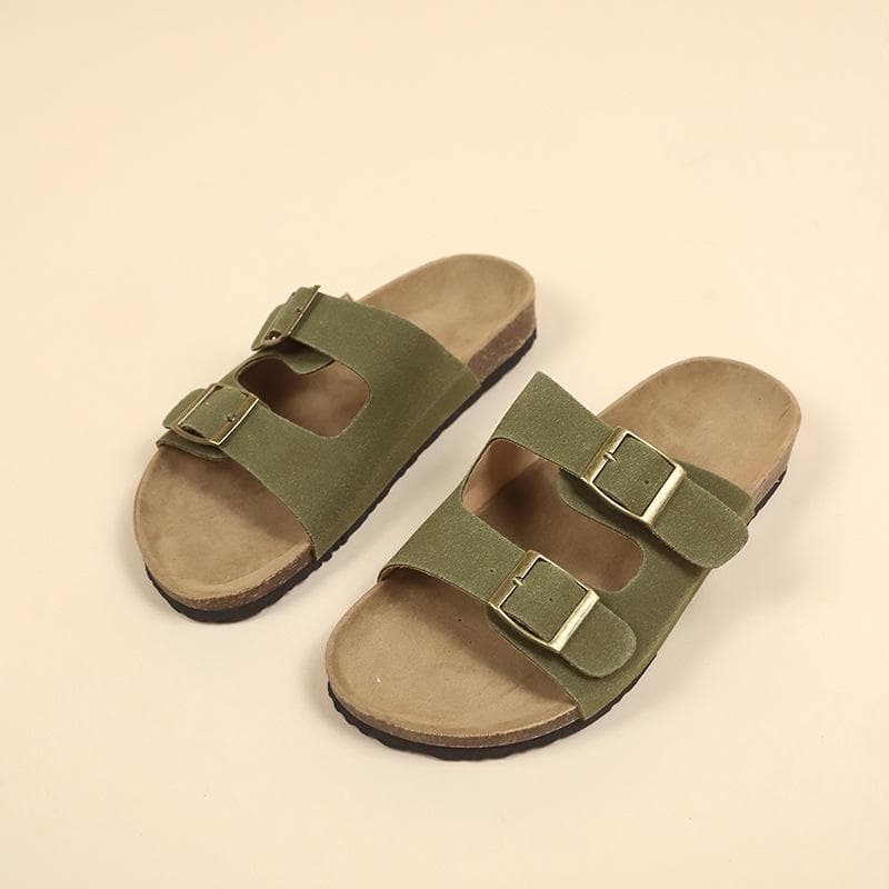 Retro Thick-soled Boken Shoes for Women Summer Double Buckle Round-toe Slippers Anti-slip Beach Shoes 36 army green