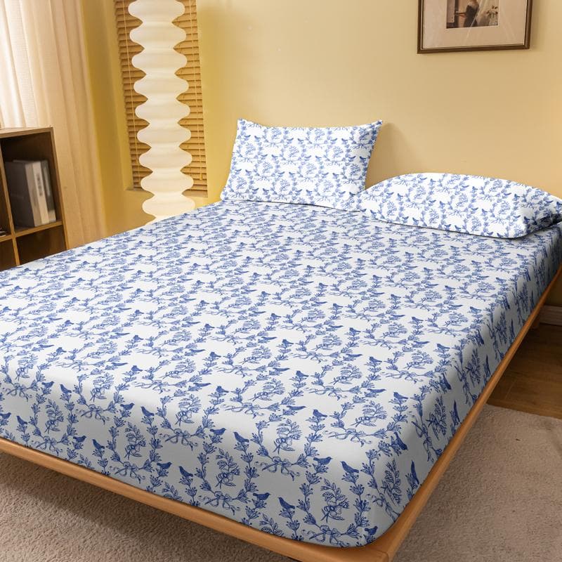 1Pc Blue And White Magpie Pattern Brushed Fitted Sheet, Printed Bed Cover For Bedroom, Bedding (Excluding Pillowcases) 71x132cm