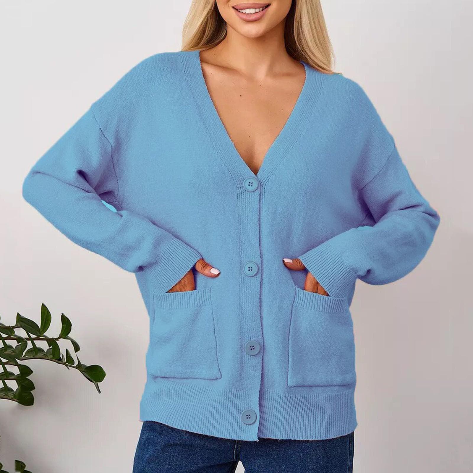 Women's Solid Color Casual Cardigan Sweater With Pockets For Women's Coat L blue