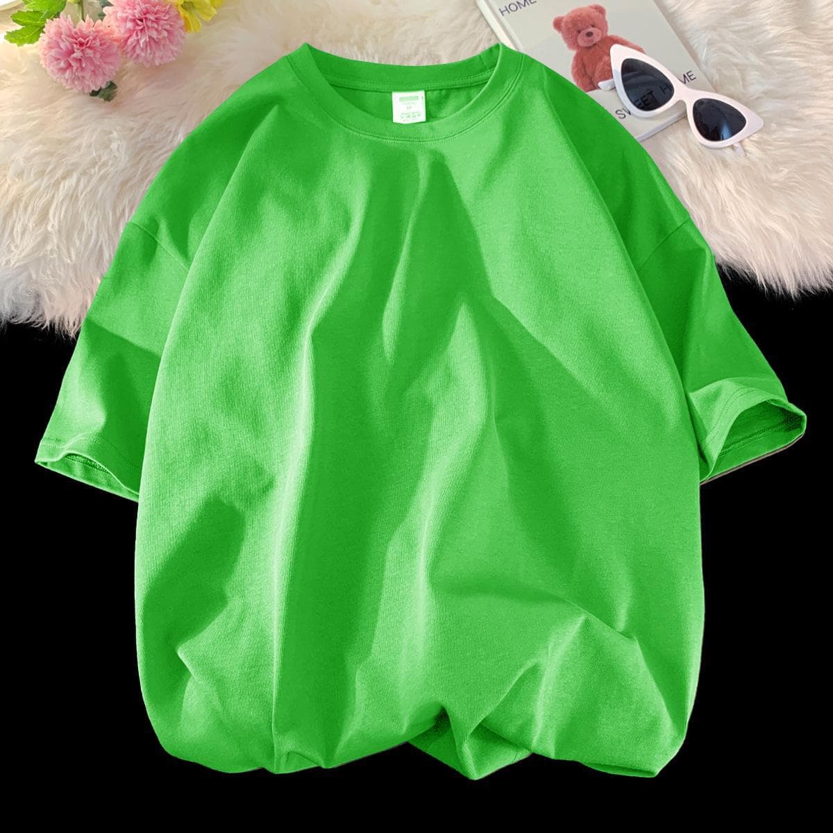 Unisex Heavyweight Pure Cotton White & Black T-Shirt, Large Size, Round Neck, Short Sleeve, Solid Color, Loose Fit. L