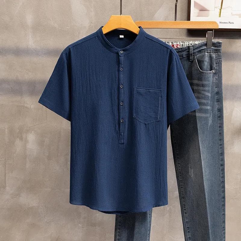 Plus Size 11XL 12XL Casual Men's Cotton and Linen Loose Short-sleeved Chinese Style Retro Linen Breathable T-shirt Men 8XL navy blue