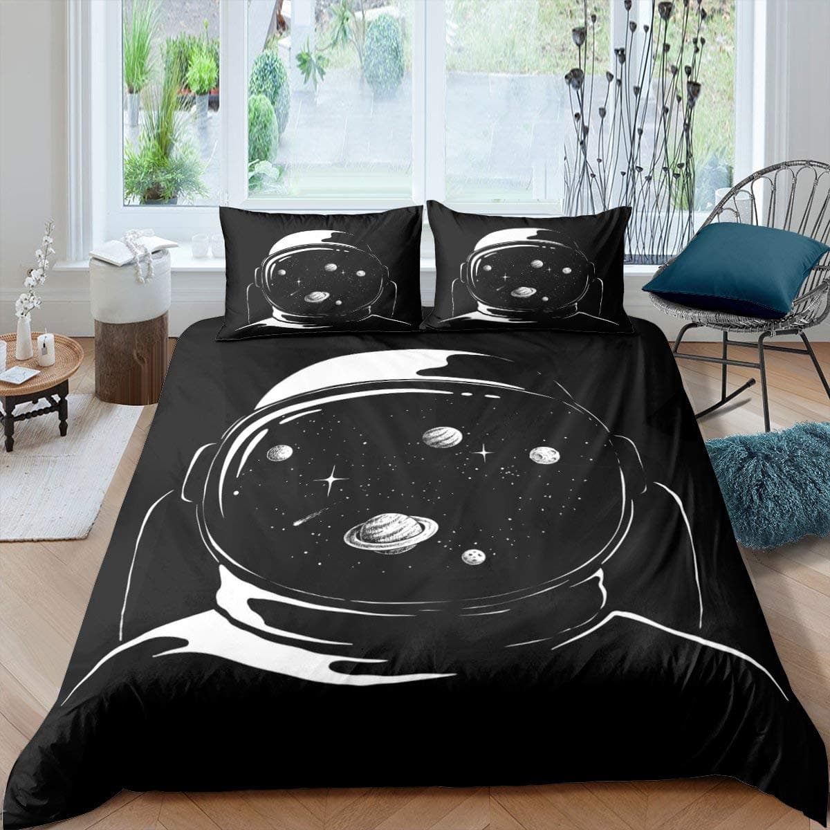 Kids Bedding Decorations, Full Size Astronaut Space Suit Pattern for Boys, Starry Sky Comforter Cover 3 Pcs with 2 Pillow Sham EU single(135x200cm)